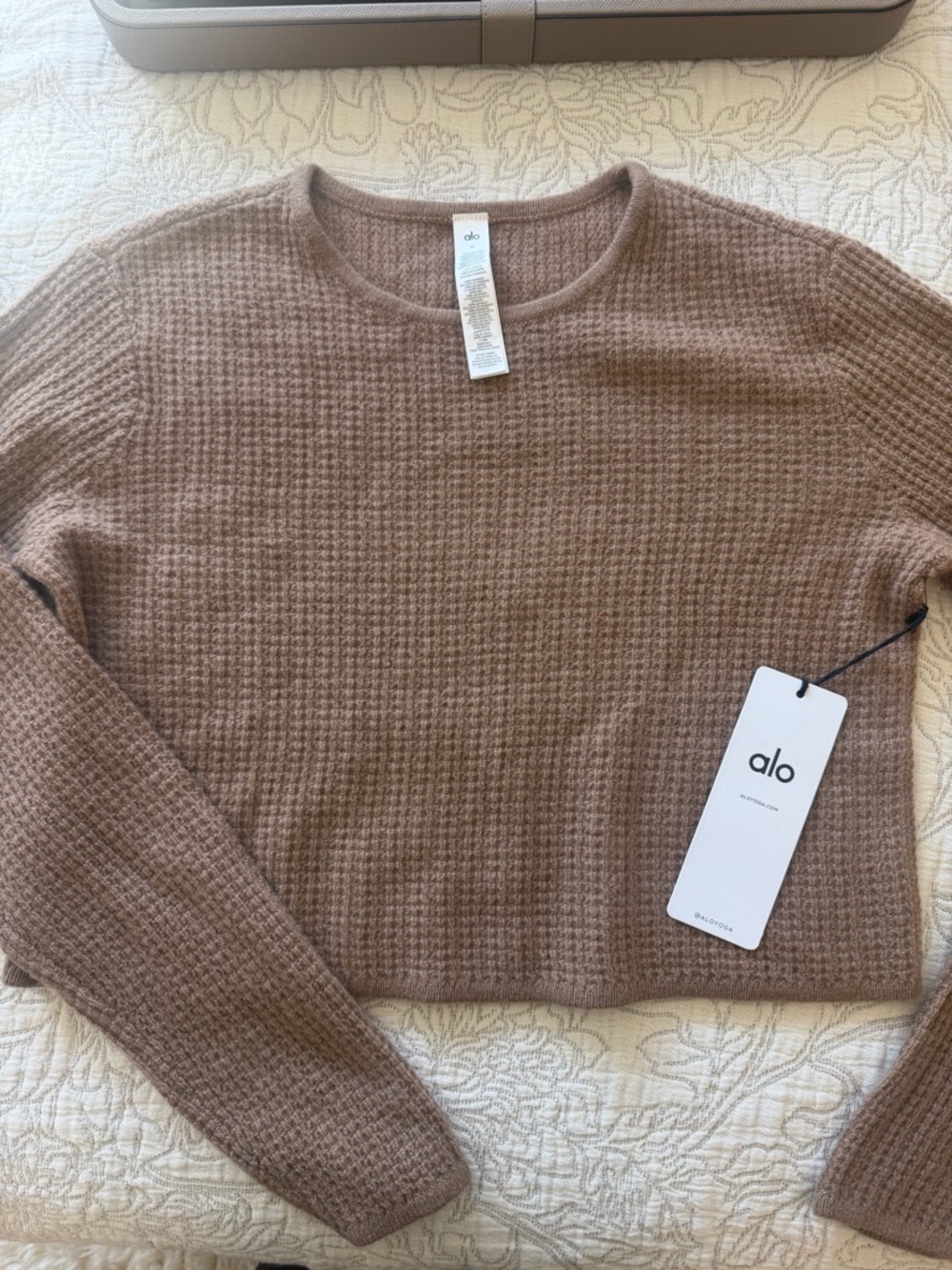 ALO Yoga Cashmere Plush Waffle Cropped  Long Sleeve Sweater - Toasted Almond
